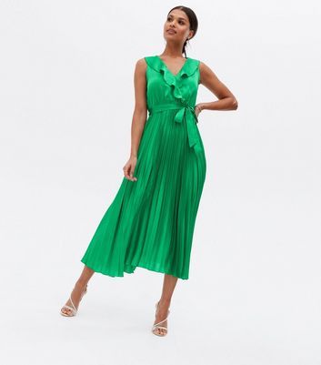 Green Satin Pleated Midi Wrap Dress ...